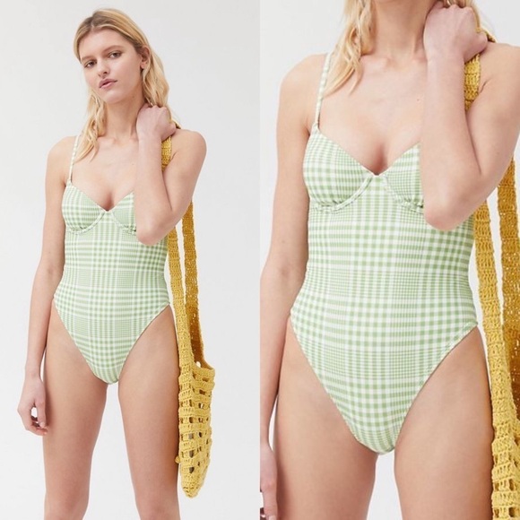 Urban Outfitters Out from Under Milly Gingham Green/White One Piece Swimsuit - Picture 1 of 8